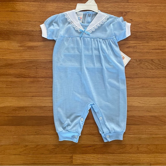 Vintage Triplets Baby 6 Months Girl Light Blue Romper Lace Collar Short Sleeve - Picture 1 of 11